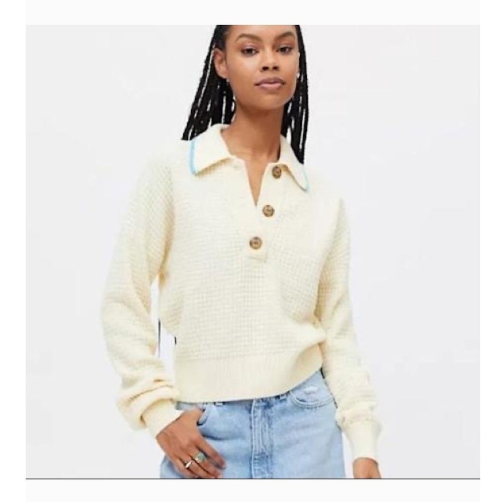 BDG Urban Outfitters Zephyr Cream Waffle Knit Pullover Polo Sweater XS - Picture 3 of 7